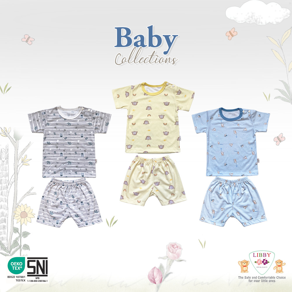 3 Setelan LIBBY Baby Oblong Lengan (PENDEK) | Kancing Bahu | Size S.M.L.2L.XL.XXL | Baju Set Anak ( Isi 3 )