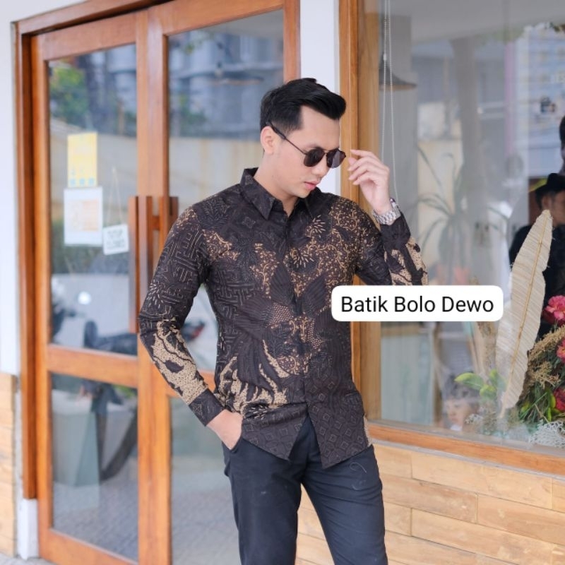 BATIK BOLO DEWO Motif Peksi Black Kemeja Baju Batik Pria Lengan panjang Lapis furing Hem Atasan