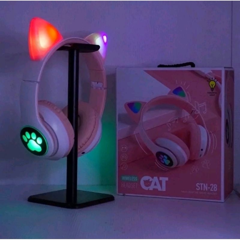 STN-28 Headset Bluetooth RGB LED Wireless Gaming Cat Ear Headphone Telinga Kucing Lucu