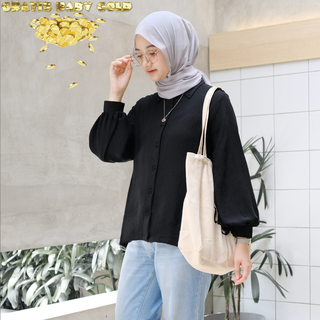FREE GOLD Atasan Wanita Tari Blouse Bluse Jumbo Dengan Gaya Korean Style, Baju Oversize Crinkle Airf