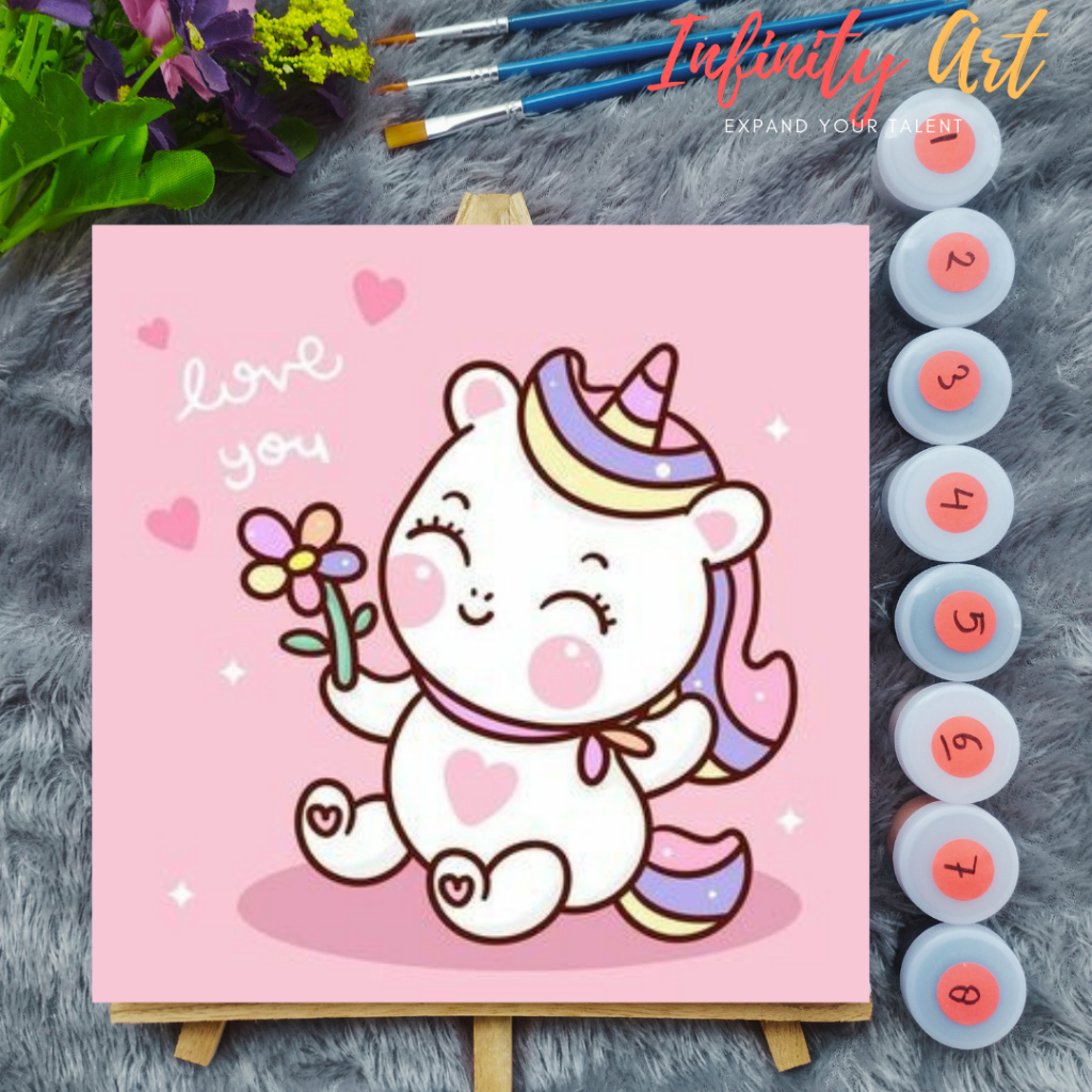 

Paint by Number Unicorn Kuda Poni Pelangi Lucu - DIY Kit Melukis Kanvas 20x20 cm Lengkap Frame - Siap Lukis / Canvas Painting Kit