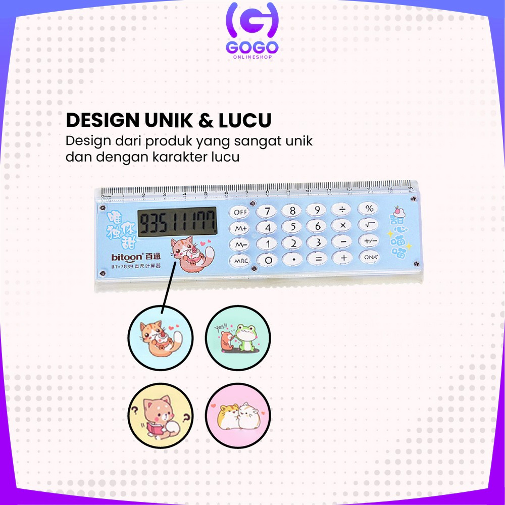 GOGO-A65 Kalkulator Penggaris Karakter 2IN1 Mini Portable Multifungsi / Kalkulator 8 Digit Penggaris 15cm / Perlengkapan Sekolah Anak Praktis / Ruler Set Calculator Import