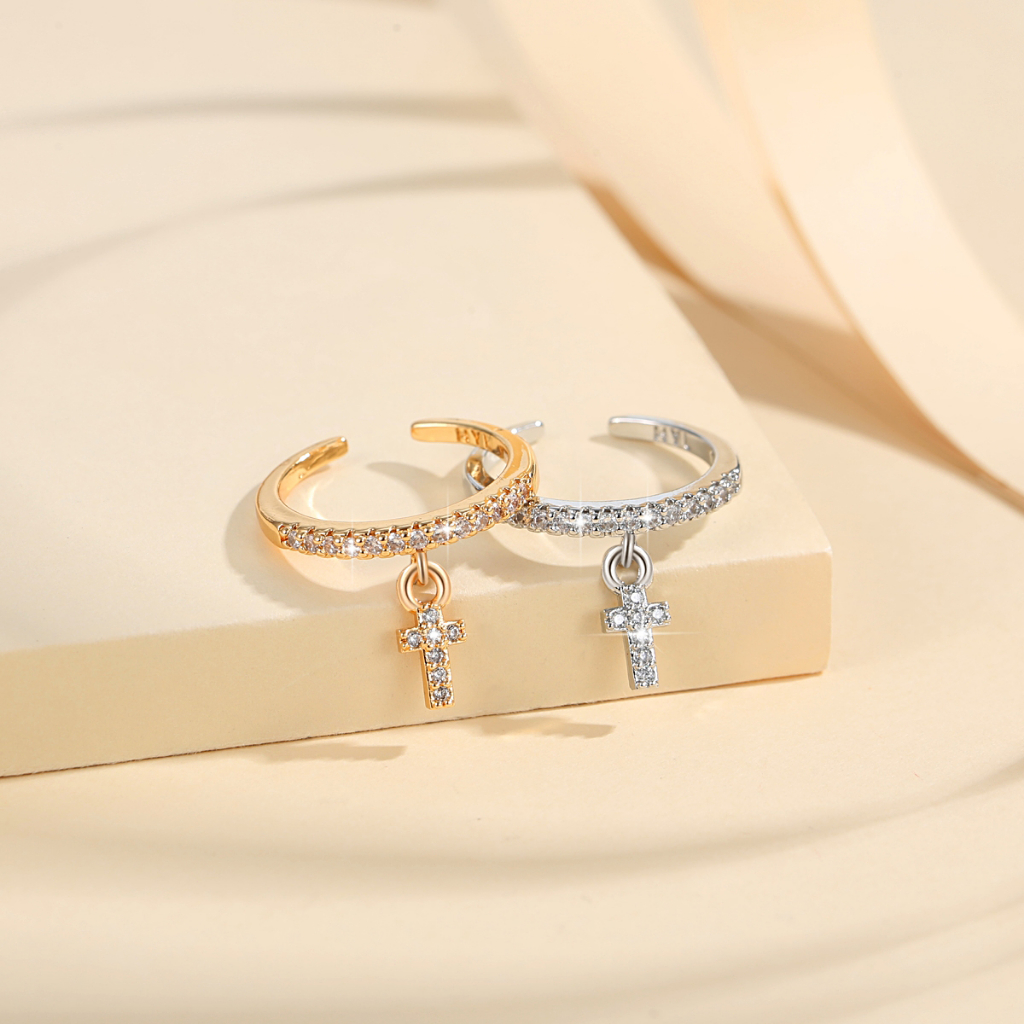 Y166 【Barang spot】Cincin Titanium Salib Titanium Steel Ring Korean Cold Wind Ins Retro Open Ring Female Index Finger Jewelry