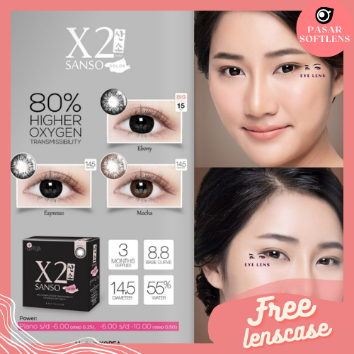 SOFTLENS X2 SANSO BLACK NORMAL &amp; MINUS -0.50 sd -3.00 FREE LENSCASE MOCHA EBONY ESPRESSO - BY EXOTICON / Softlen Soflen Soflens