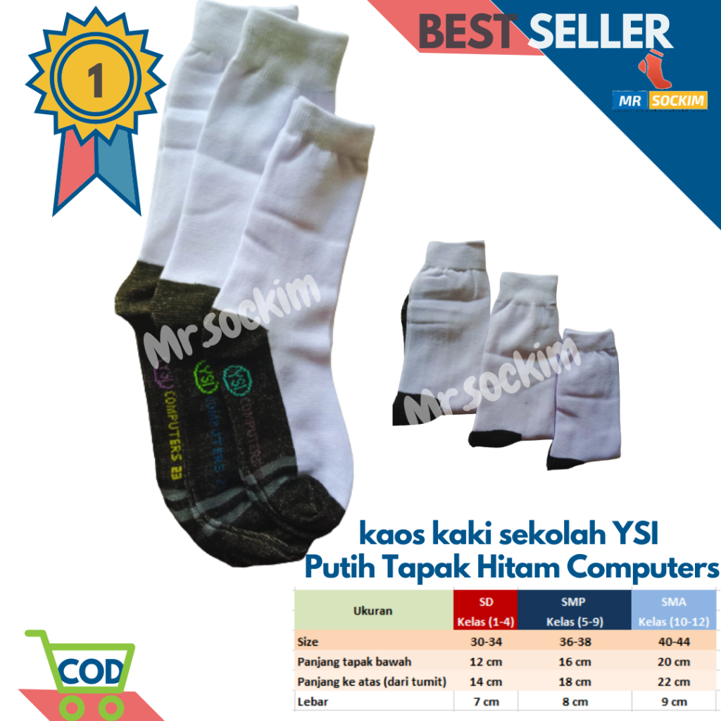 Kaos Kaki Sekolah Sd Smp Sma Putih Tapak Hitam YSI Computers Spandek