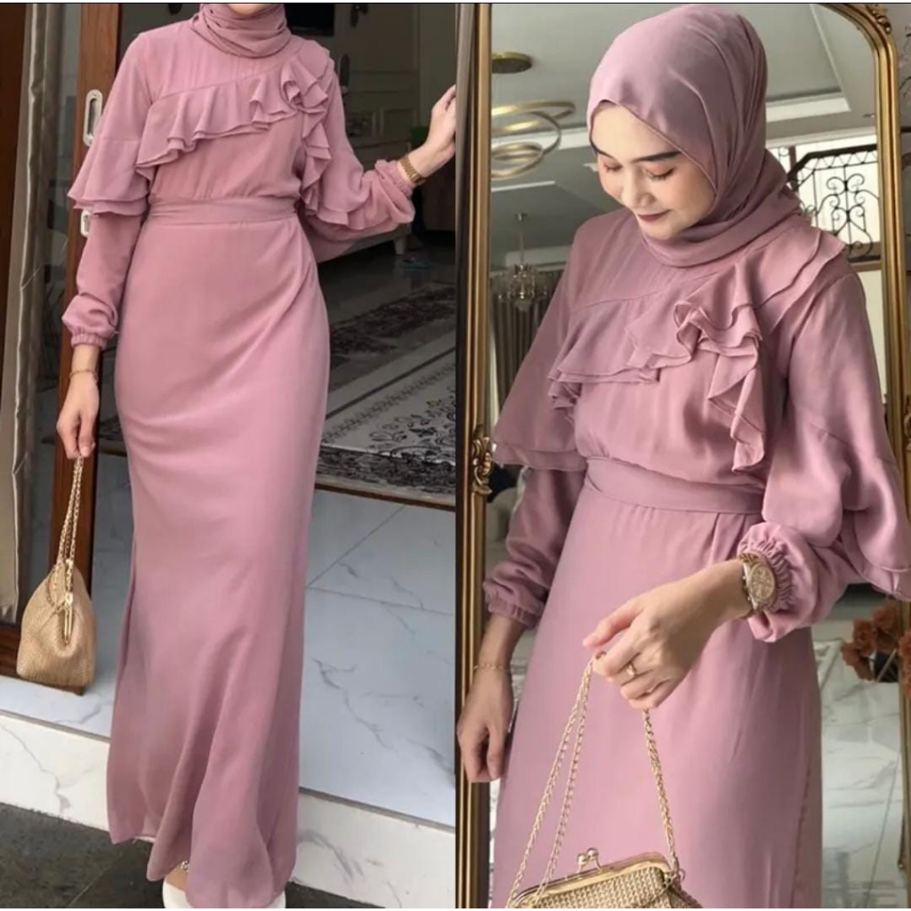 REINARA DRESS RUFFLE KR FASHION PAKAIAN WANITA MAXI GAMIS MAXY BAHAN CERUTY