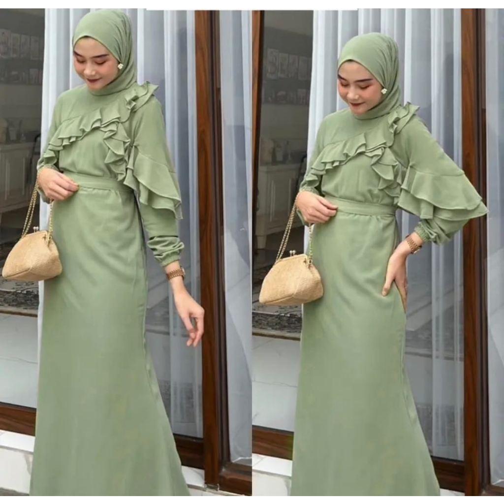 REINARA DRESS RUFFLE KR FASHION PAKAIAN WANITA MAXI GAMIS MAXY BAHAN CERUTY