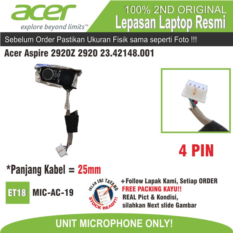 ET18 MIC-AC-19 Microfone MIC INPUT AUDIO SUARA NETBOOK NOTEBOOK LAPTOP Acer Aspire 2920Z 2920 23.421