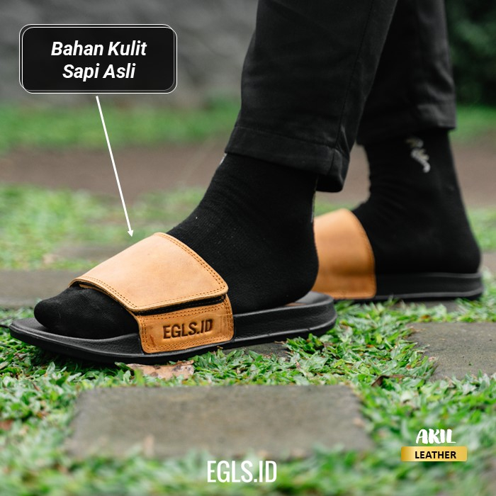 Sandal Slop Kulit Pria Sendal Slide Wanita Egls Blair Premium Leather Slip On Bahan 100% Kulit Sapi Asli Original Cowok Keren Terbaru free grafir nama