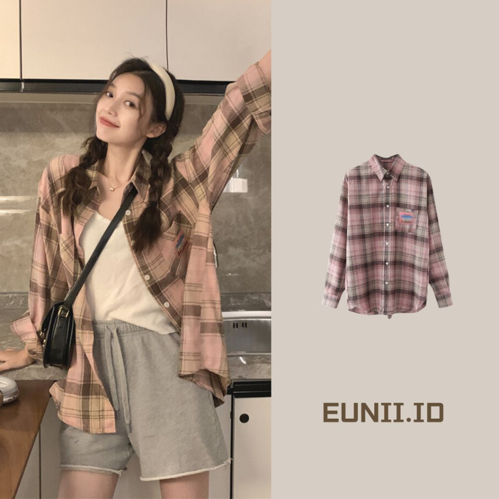 Korea Style Fashion Kemeja Panjang Kasual Atasan Baju Wanita Plaid Blouse Shirt