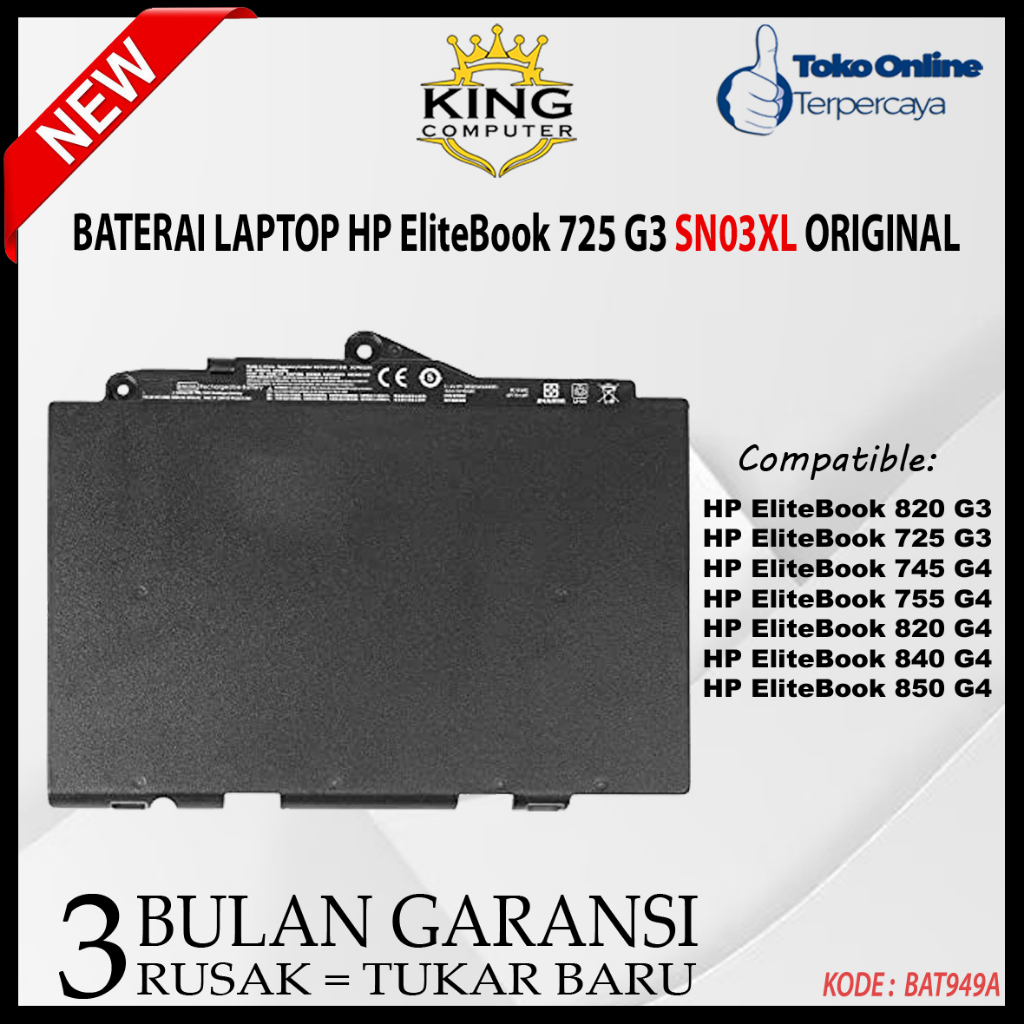 Original Baterai HP EliteBook 725 G3 820 G3 745 G4 820 G4 SN03XL