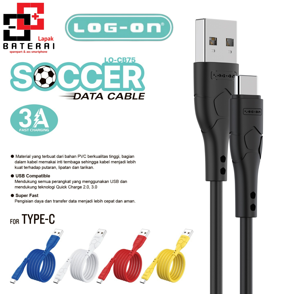 Log - On CB75 Soccer Kabel Data 3A Type C Fast Charging