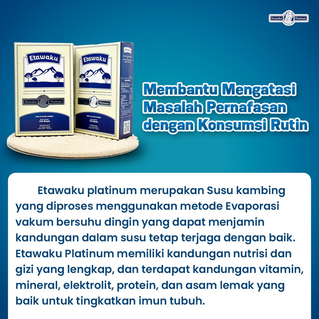 Etawaku Platinum 200 gram terbuat dari susu kambing dan krimer bubuk rendah gula dan lemak bernutrisi tinggi