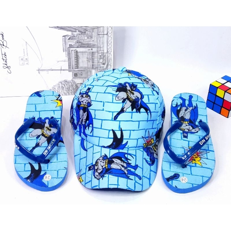 Paket Sandal Jepit Anak Cowok Topi Baseball Anak Laki laki motif Batman