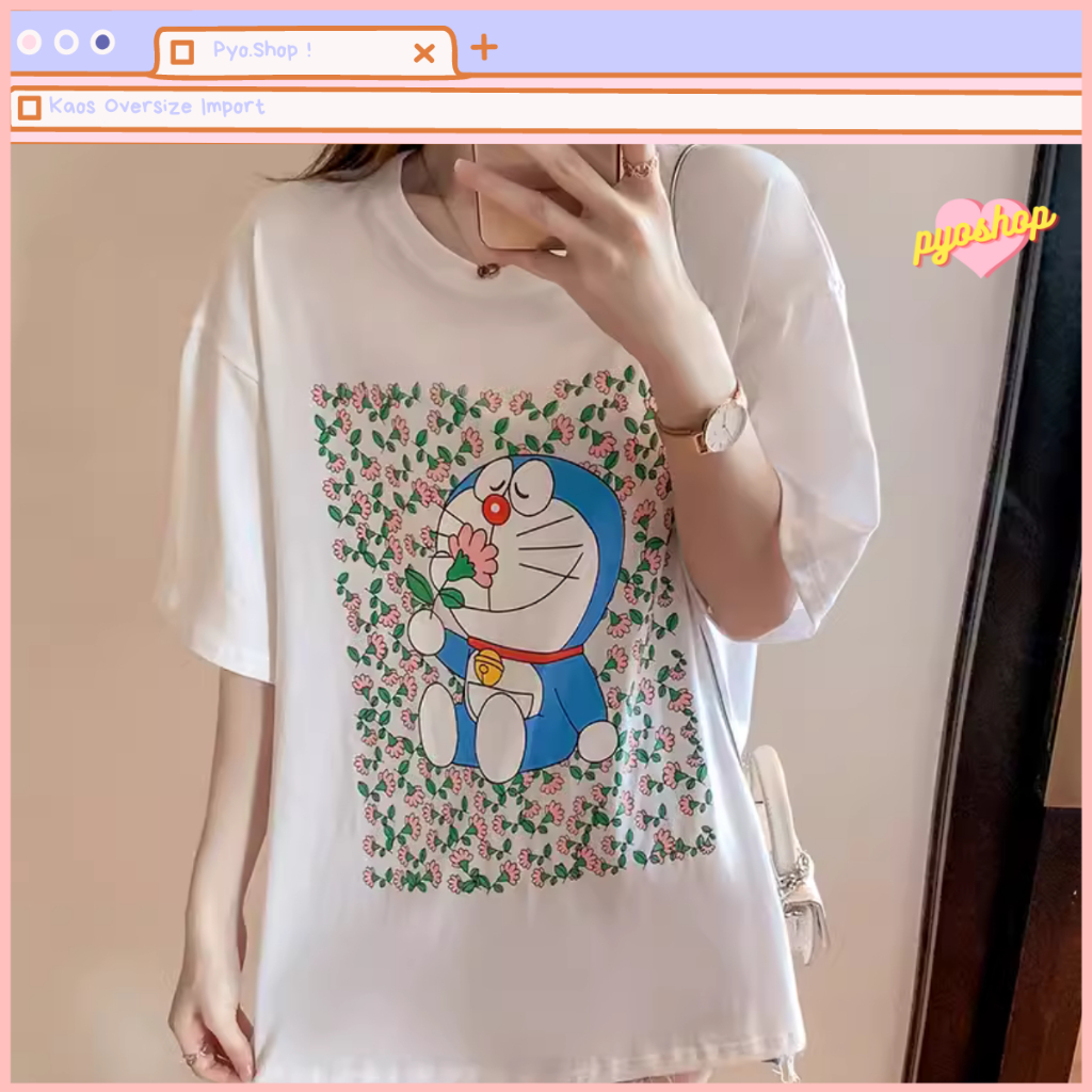 Kaos Jumbo Wanita Import Motif Doraemon Flower