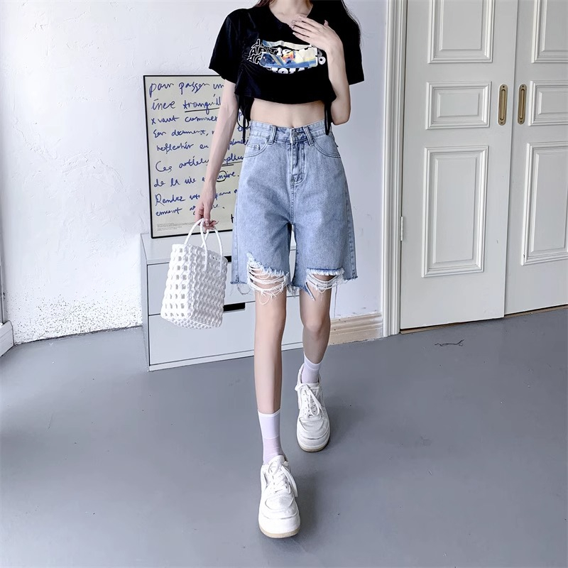 Celana Pendek Jeans Wanita Rawis Kasual Robek Highwaist Kekinian