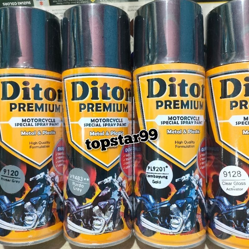 Diton Premium Paket Lengkap 4 Kaleng 400cc Abu-Abu Lembayung Gold Emas 9201 Primer Grey 9120 Nardo Grey 9483 Clear Glossy 9128 Pilox Pilok Cat Semprot Spray Paint
