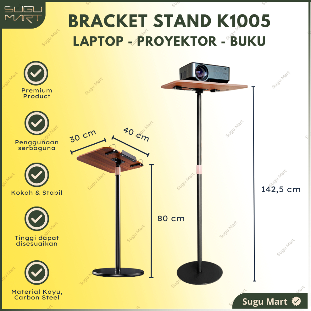Bracket Buku Standing K1005 | Stand Laptop Berdiri L42 70 - 120 CM | Penjepit Buku Adjustable Kayu |