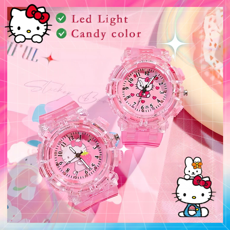 Jam Tangan Anak Perempuan Hello Kitty Lampu LED Jam Tangan Anak untuk Anak Laki-laki Perempuan Siswa Jam Digital Warna-warni Kilat Kualitas Tinggi