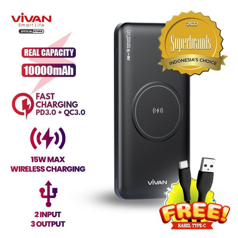 POWERBANK 10000mAH QUICK CHARGER WIRELESS CHARGING VIVAN VPB-W11