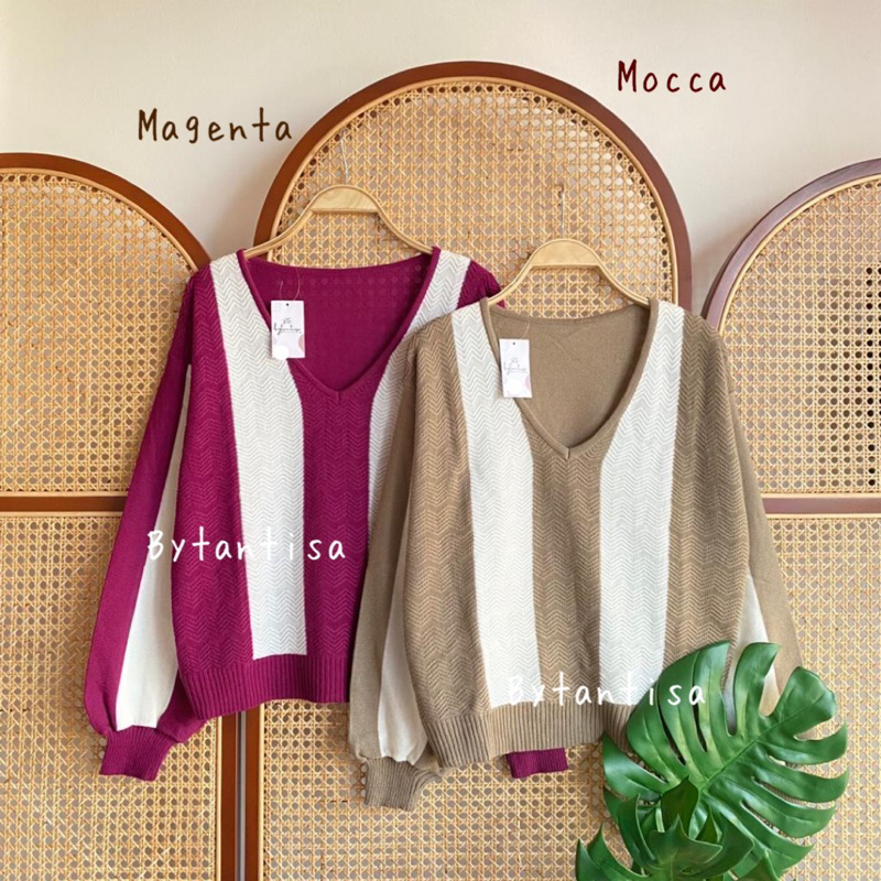 Bytantisa - Blouse Rajut Vika motif V Neck Garis