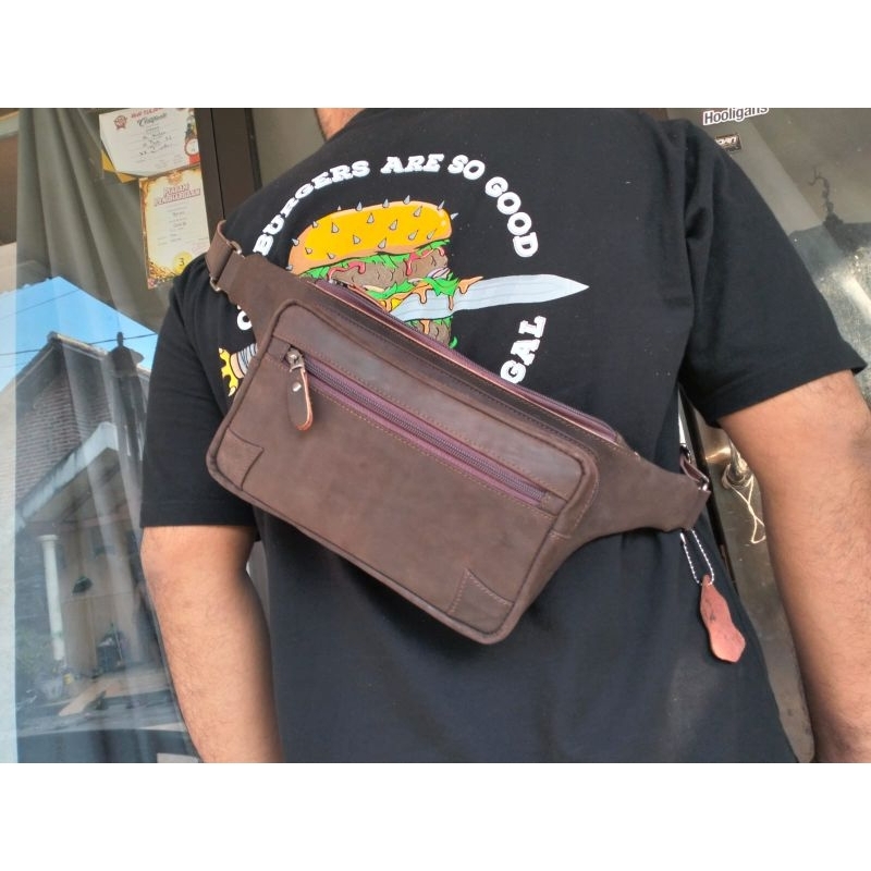 Selempang Waistbag pria Corazonn Kulit sapi asli crazy horse