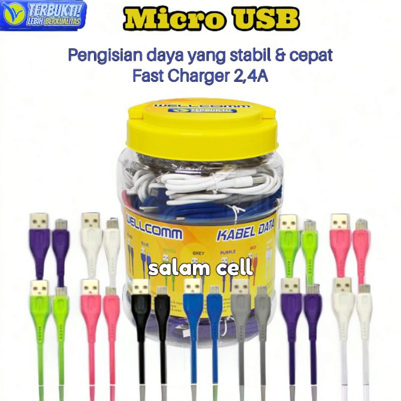 Kabel Data  WELLCOMM Micro Usb Original cocok untuk smua type hp Garansi