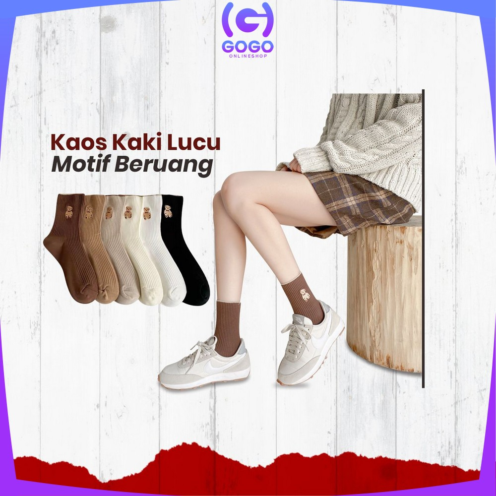 GOGO-P568 Kaos Kaki Wanita Korea Motif Beruang Panjang Setinggi Betis / Kaus Kaki Ankle Karakter Cute Bear Fashion Korean Style Socks