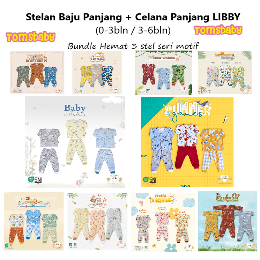 [TOMS] [BUNDLE HEMAT 3stel] [0-6bln] LIBBY - Baju PANJANG (Kancing Depan) + Celana PANJANG Motif Terbaru Grosir / Stelan Piyama Bayi Anak