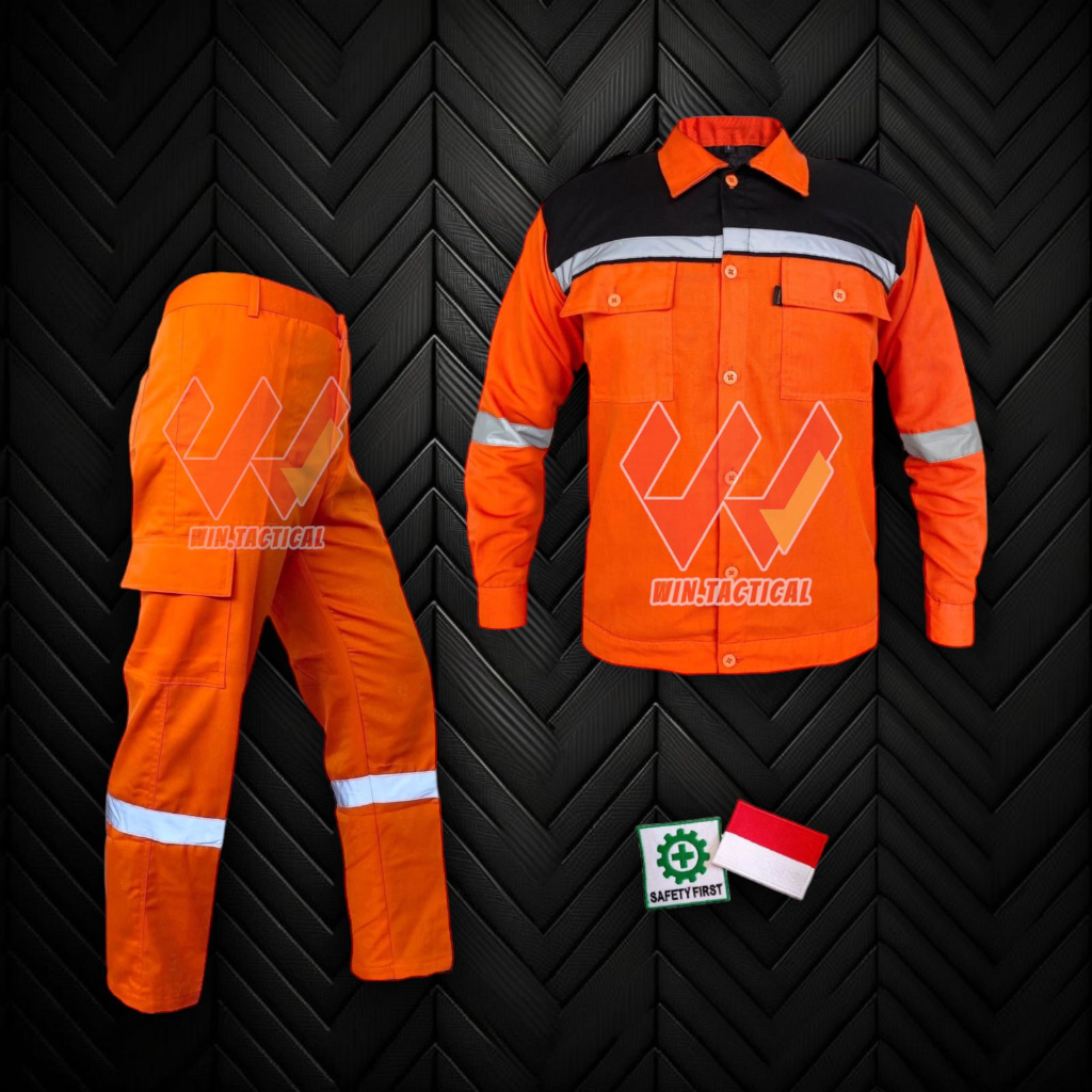 Setelan Seragam Safety Tangan Panjang Kombinasi - Seragam Proyek - Seragam Lapangan Skotlet - Wearpack Atasan - Katelpak Atasan Panjang
