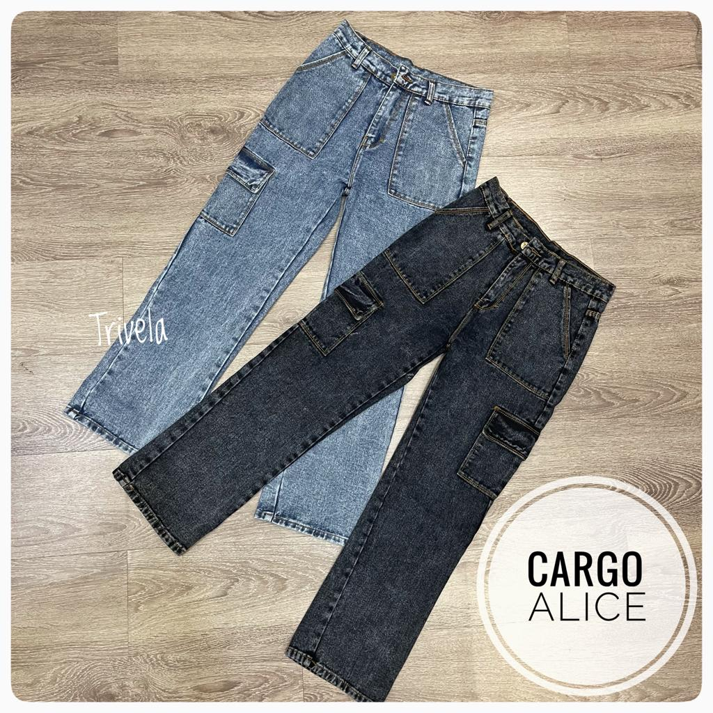 TRIVELA - Celana Jeans Loose Alice Cargo - Celana Jeans Cargo Kantong Tempel Nonstretch Highquality Realpic - CARLICE