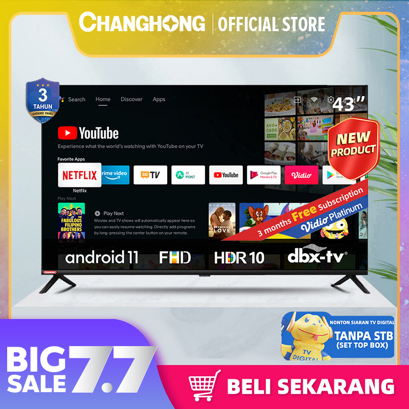 Changhong 43 Inch Newest Android 11 Frameless Smart TV Digital LED TV FHD -Netflix-Youtube-Google Playstore (L43G7N)