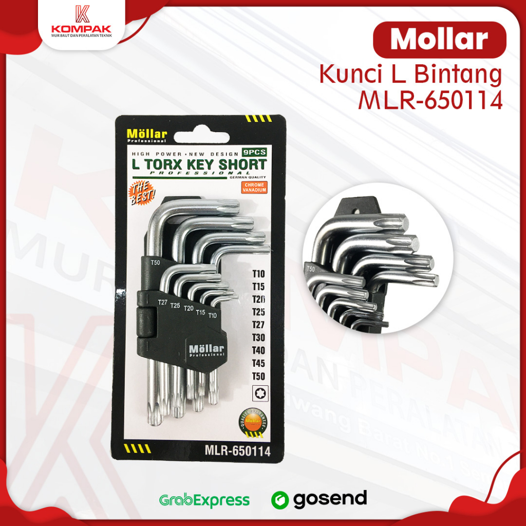 Mollar Kunci L Bintang 9Pc T10-T50 PENDEK Short Kunci L bintang
