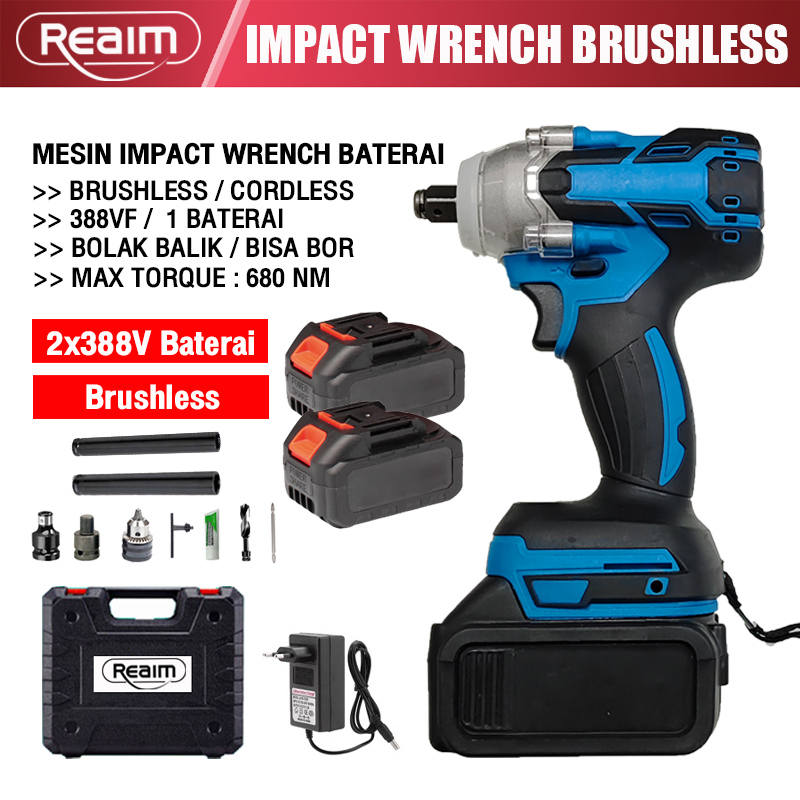 REAIM 13MM Cordless Impact Wrench [Brushless] 380N/M Desain baru, versi baru baterai 388VF Cocok untuk baut otomotif Mesin Bor impact buka mesin bor