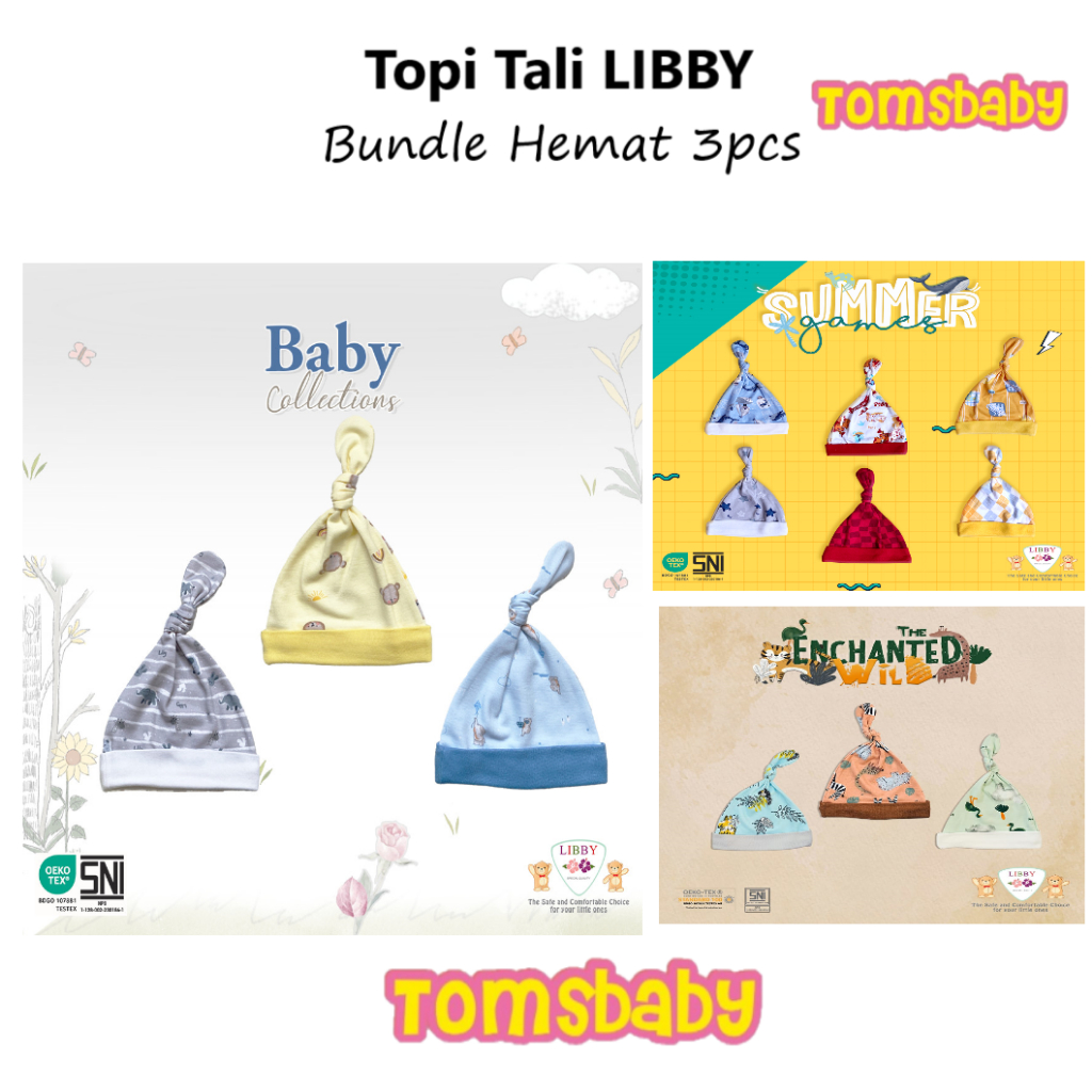 [TOMS] [BUNDLE HEMAT 3pc] LIBBY (3pcs) Topi Tali Bayi Unisex Girl Boy PRINT Motif Terbaru Grosir