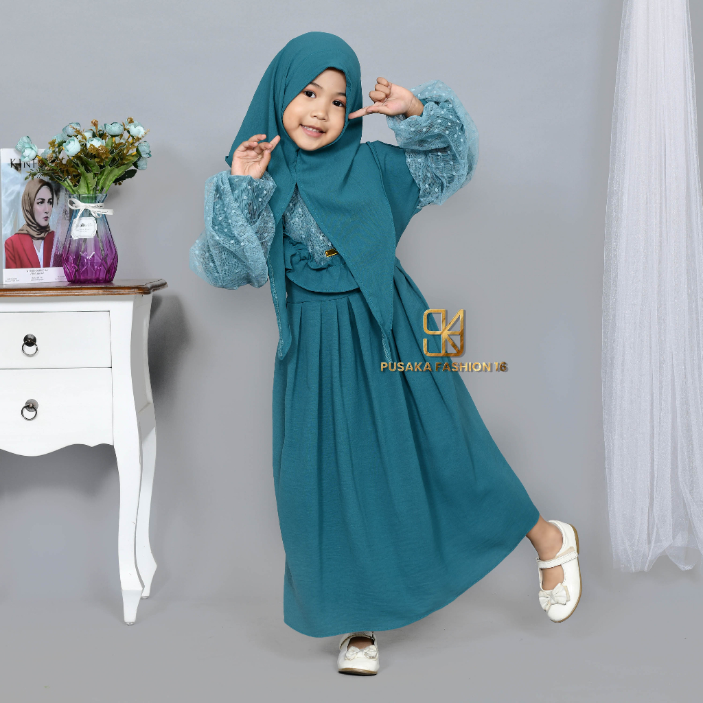 YURA KIDS baju gamis syari anak perempuan FREE HIJAB cringkle MIX TULLE TILLE TILE BROKAT BRUKAT BROKAT fashion muslim terbaru  PASHMINA INSTANT modern dres stelan kerudung serut susun 2 - 9 tahun manasik mengaji maulid nabi  kekinian