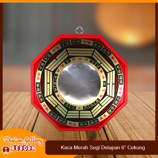 Kaca Cermin Cekung Fengshui Pat Kua Pakua /Ba Gua Segi Delapan Red 6&quot;