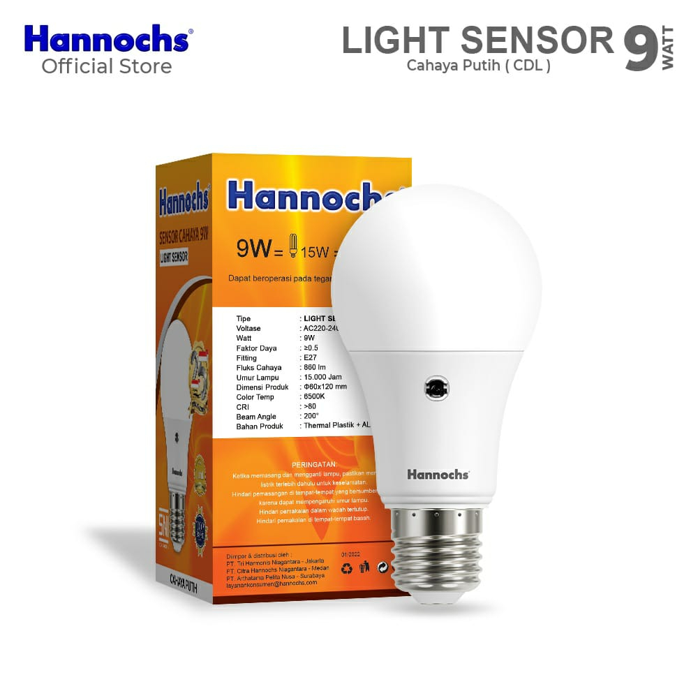 (JB99) Hannochs Lampu Led Light Sensor 9 watt cahaya Putih