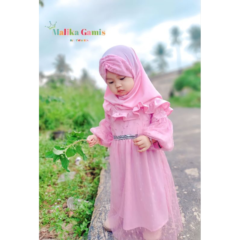 Baju Muslim Anak Perempuan - Gaun Pesta Tile Tulle Dot Polkadot - Gamis Anak Perempuan Usia 3-4 Tahu