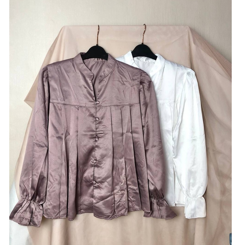 ALUNA Blouse Kerah Shanghai - Puffy Top Satin - Atasan Tangan Panjang  Busui Friendly 0436