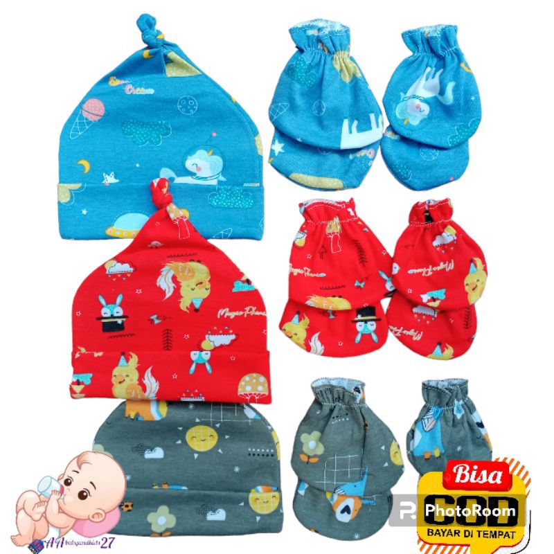 TOPI BAYI PLUS SARUNG TANGAN DAN KAKI VINATA-TOPI SET BAYI VINATA FULL PRINT-TOPI BAYI SET VINATA