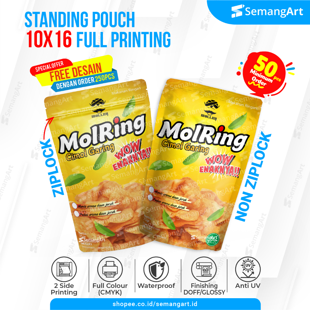 

Kemasan Full Printing Standing Pouch 10x16 cm Aluminium Foil Plastik Klip Ziplock Zipper