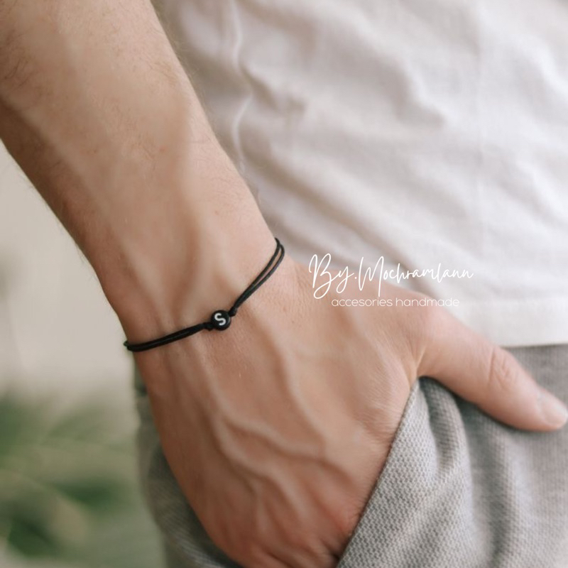 Gelang Inisial Bulat Hitam | Gelang Tali Waterproof | Gelang Huruf