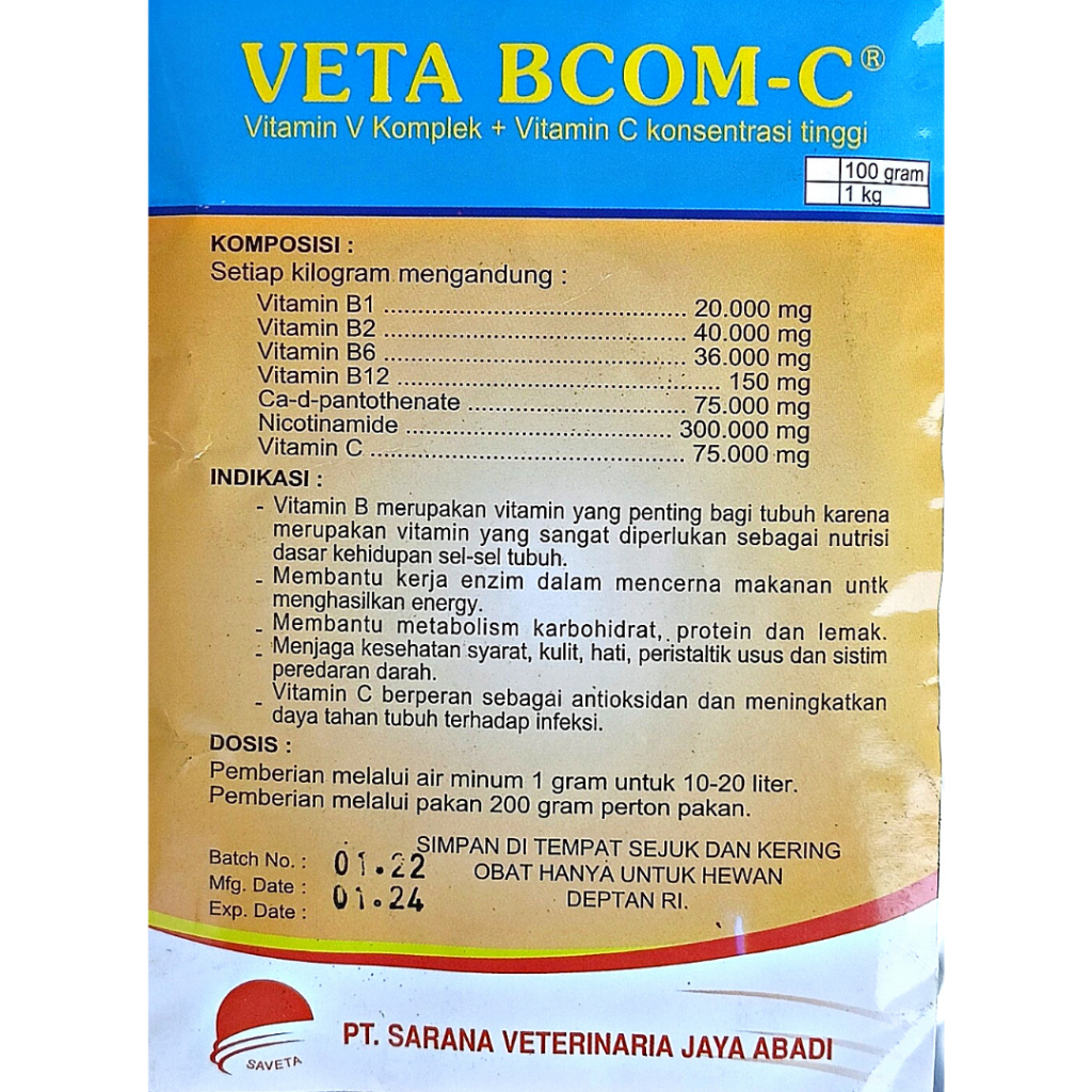 VETA BCOM C 100 Gram | Vitamin Daya Tahan Tubuh Ayam | Veta Becom C