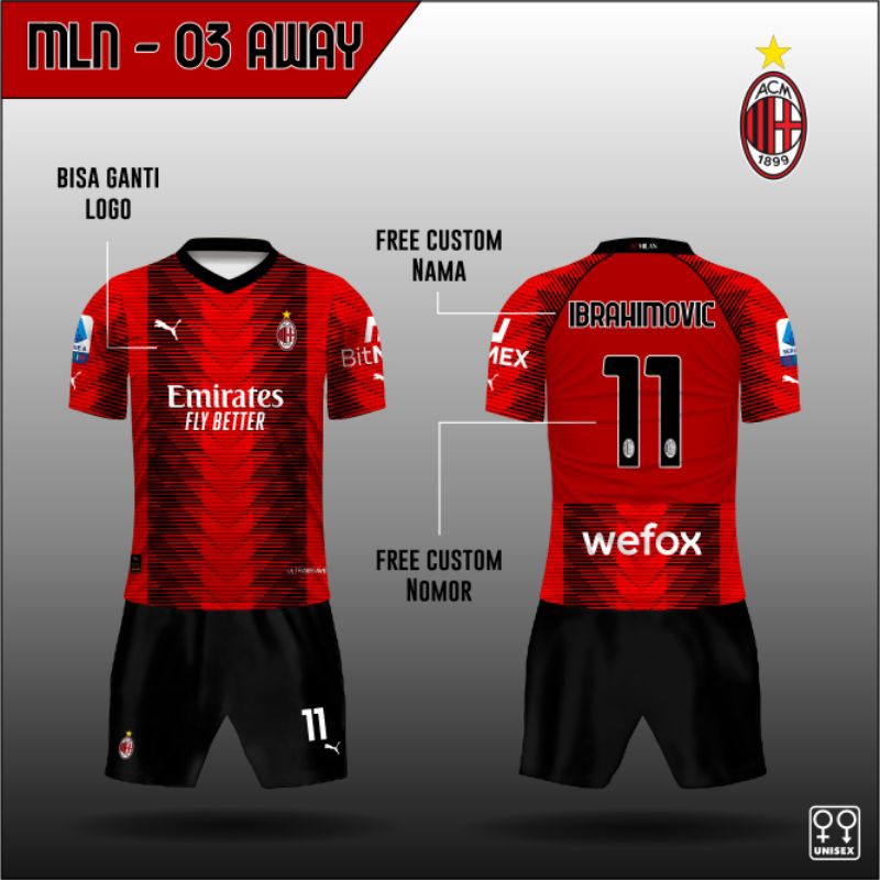 setelan Jersey tim AC MILAN set baju kaos bola tim AC MILAN AWAY