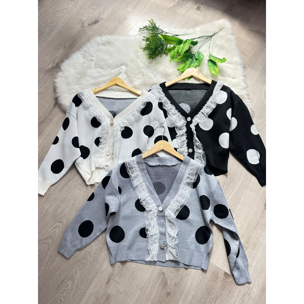 [ALLN Knitwear] Kana Cardi Knit Motif Polka Renda Atasan Wanita