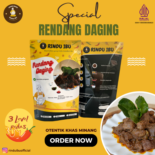 

Rindu Ibu Official - Rendang daging kemasan praktis dan tahan lama - Ukuran 250 gram - Makanan kemasan siap saji - Halal - 3 level pedas