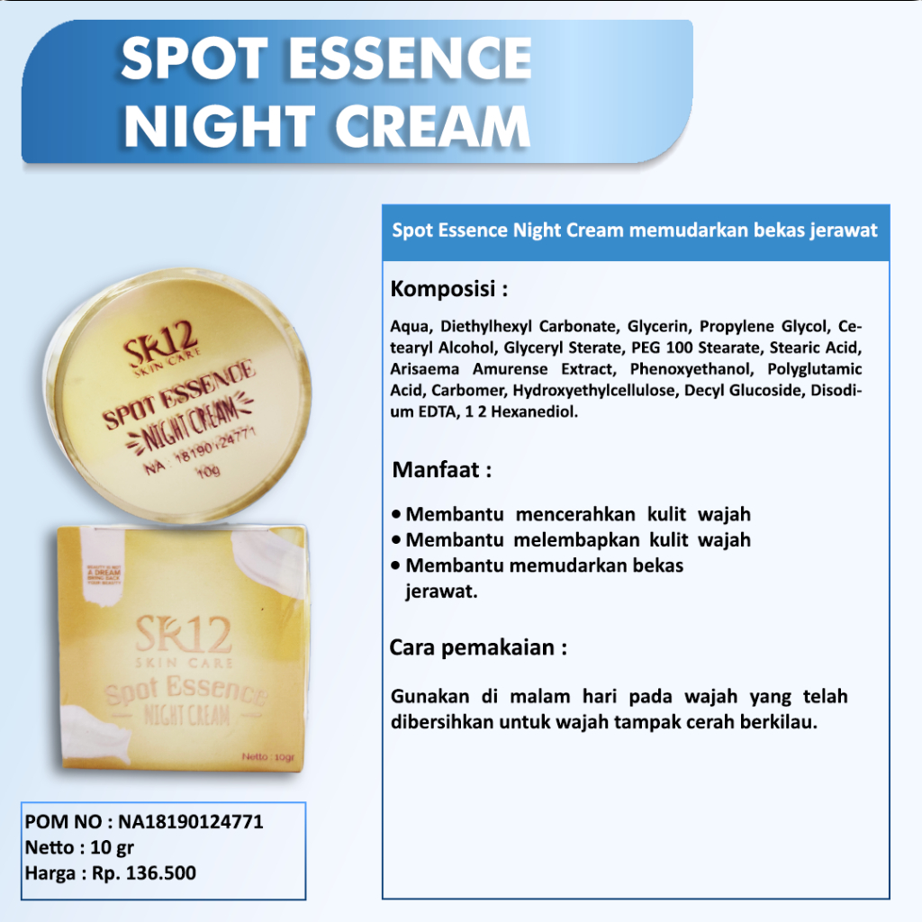 SPOT ESSENCE NIGHT CREAM Sr12 / KRIM MALAM / PENGHILANG BEKAS JERAWAT / FLEK HITAM / KRIM HERBAL / Krim wajah original / premium / berkualitas / termurah / terbaik / bagus / bpom / saudagarsr12