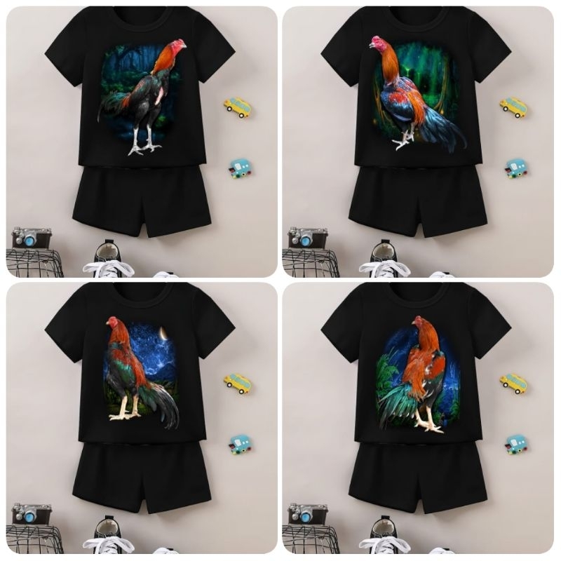 SETELAN KAOS ANAK MURAH GAMBAR AYAM BANGKOK ABBK MOTIF DIGITAL PRINT TERBARU BAJU ANAK ONE SET WARNA