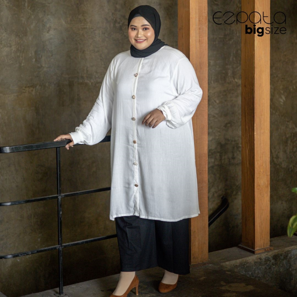 Ezpata Velza Tunik Kemeja Crinkle Polos Lengan Panjang Kancing Premium Jumbo Bigsize LD110-140cm Style Mewah Hitam Putih Terbaru
